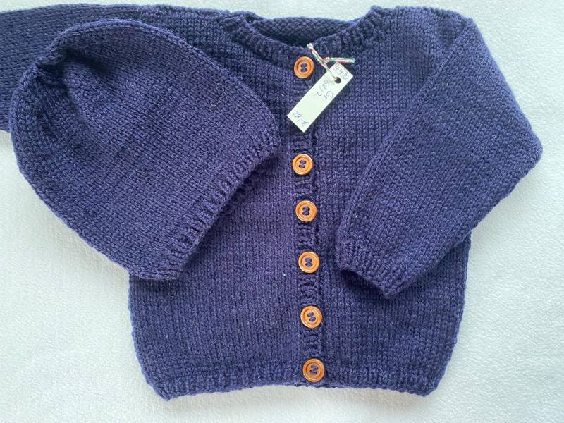 Babyset Gr.68/74 in Dunkelblau Bestehend Aus Jacke Und Mütze Reiner Schurwolle Glatt Rechts Handgestrickt von Gestricktes