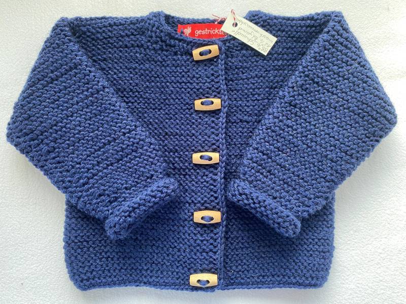 Babystrickjacke Gr. 68/74 in Dunkelblau Aus Strapazierfähiger Wolle Kraus Rechts Handgestrickt von Gestricktes