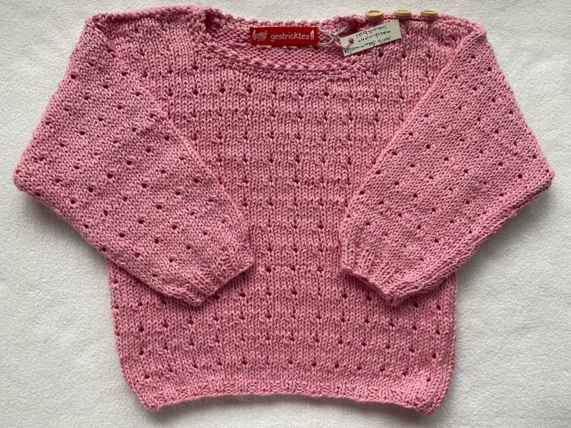 Baumwollpullover Gr. 86/92 in Rosa Aus Reiner Baumwolle Mit Lochmuster Handgestrickt von Gestricktes