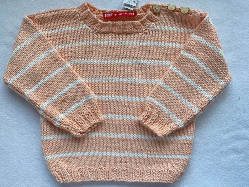 Baumwollpullover Gr.74/80 Im Apricot Und Weiß Gestreift Aus Reiner Baumwolle Handgestrickt von Gestricktes