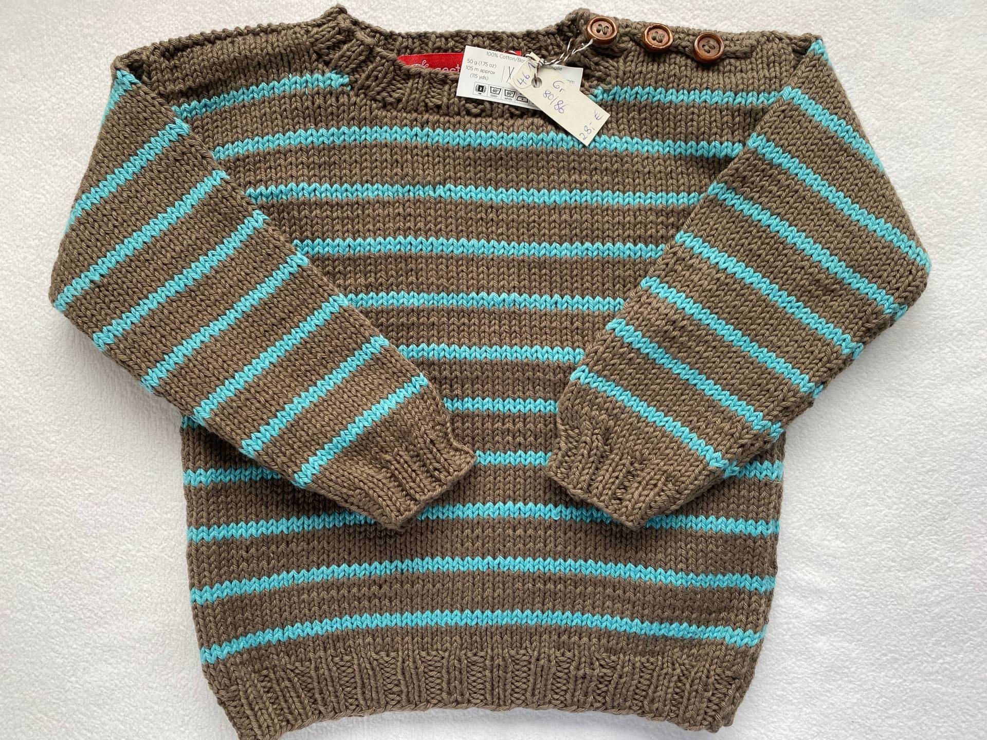 Baumwollpullover Gr.80/86 in Braun Türkis Gestreift Aus Reiner Baumwolle Handgestrickt von Gestricktes