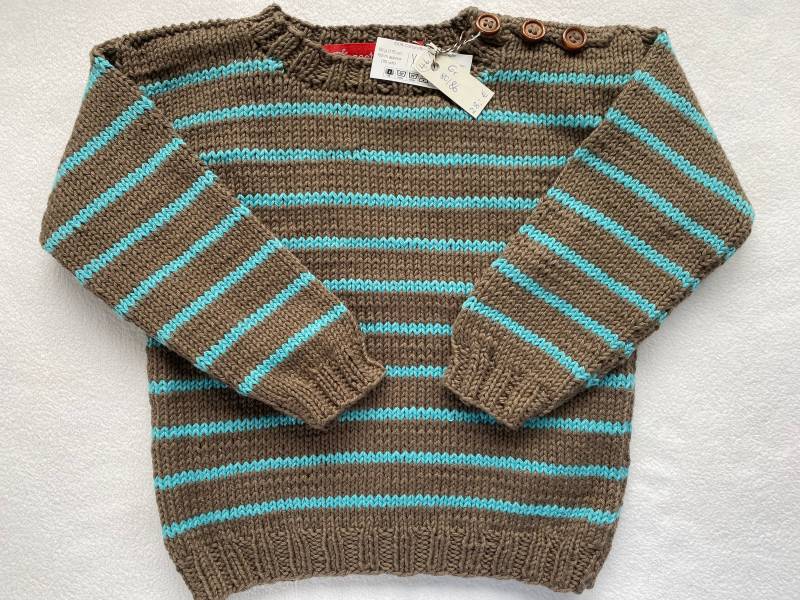 Baumwollpullover Gr.80/86 in Braun Türkis Gestreift Aus Reiner Baumwolle Handgestrickt von Gestricktes