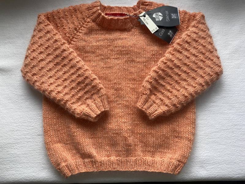 Edelpullover Gr. 98/104 in Apricot Mit Raglanärmeln Aus Wolle Mohair Und Seide Handgestrickt von Gestricktes