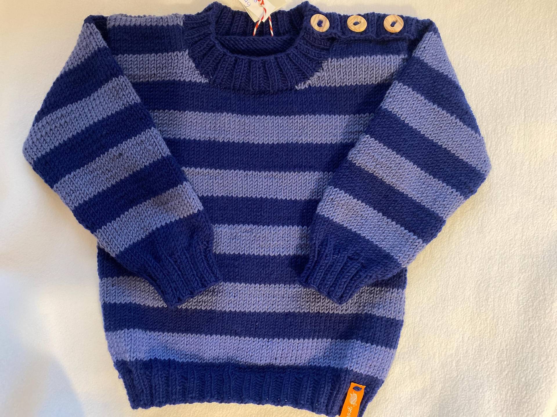Gr. 80/86 Kinderpullover in Blau Gestreift Aus Reiner Merinowolle Handgestrickt von Gestricktes