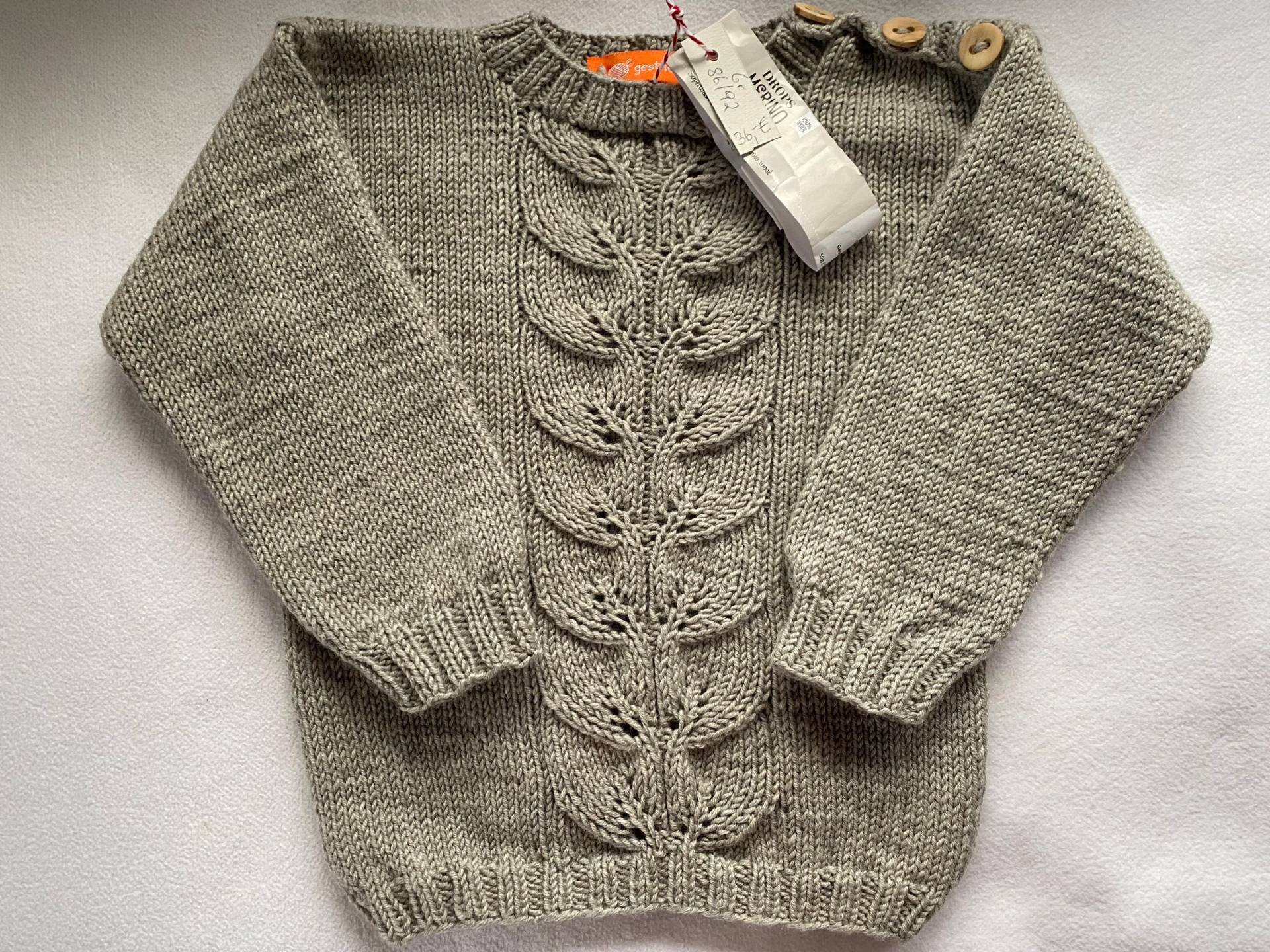 Gr.86/92 Pullover in Beigemelange Mit Blattmuster Aus Reiner Merinowolle Handgestrickt von Gestricktes