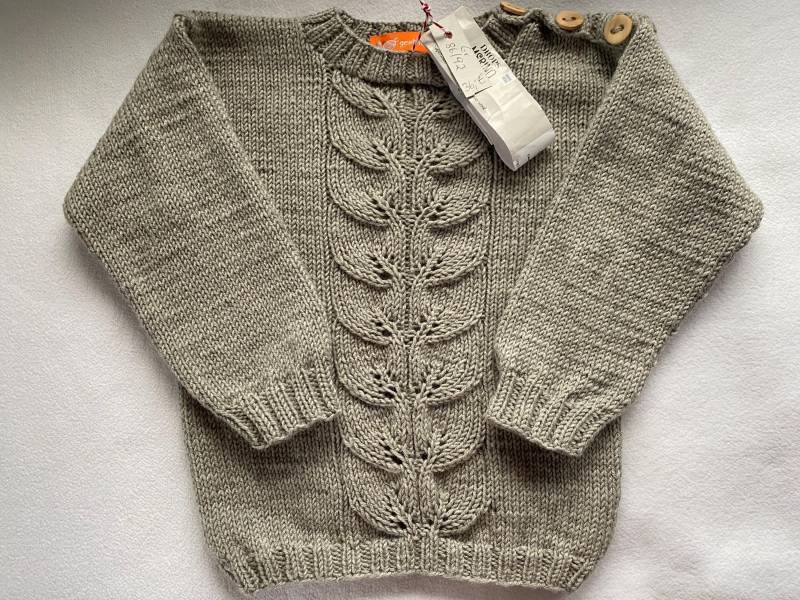 Gr.86/92 Pullover in Beigemelange Mit Blattmuster Aus Reiner Merinowolle Handgestrickt von Gestricktes