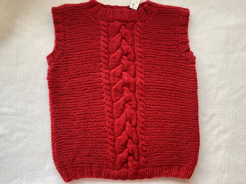 Pullunder Gr. 122/128 in Rot Mit Zopfmuster Aus Schurwolle Alpaka Handgestrickt von Gestricktes