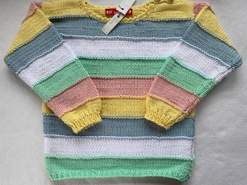 Sommerkinderpullover Gr.98/104 in Pastell Gestreift Aus Reiner Baumwolle Handgestrickt von Gestricktes