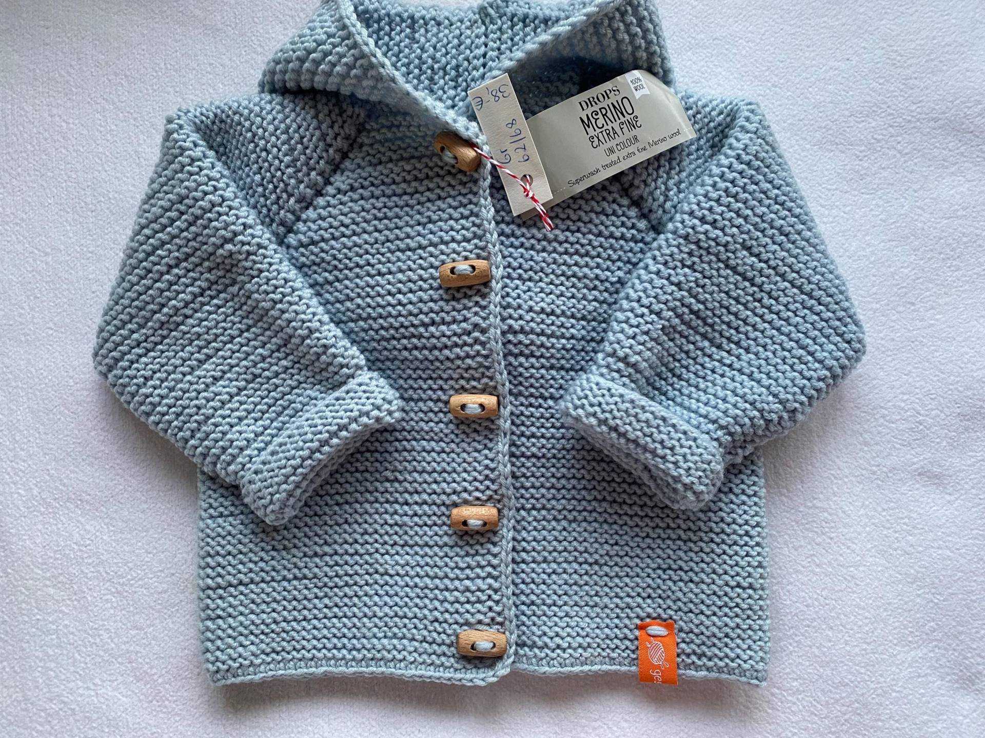 Zwergenjacke Gr.62/68 in Hellblau Aus Reiner Merinowolle Kraus Rechts Handgestrickt von Gestricktes