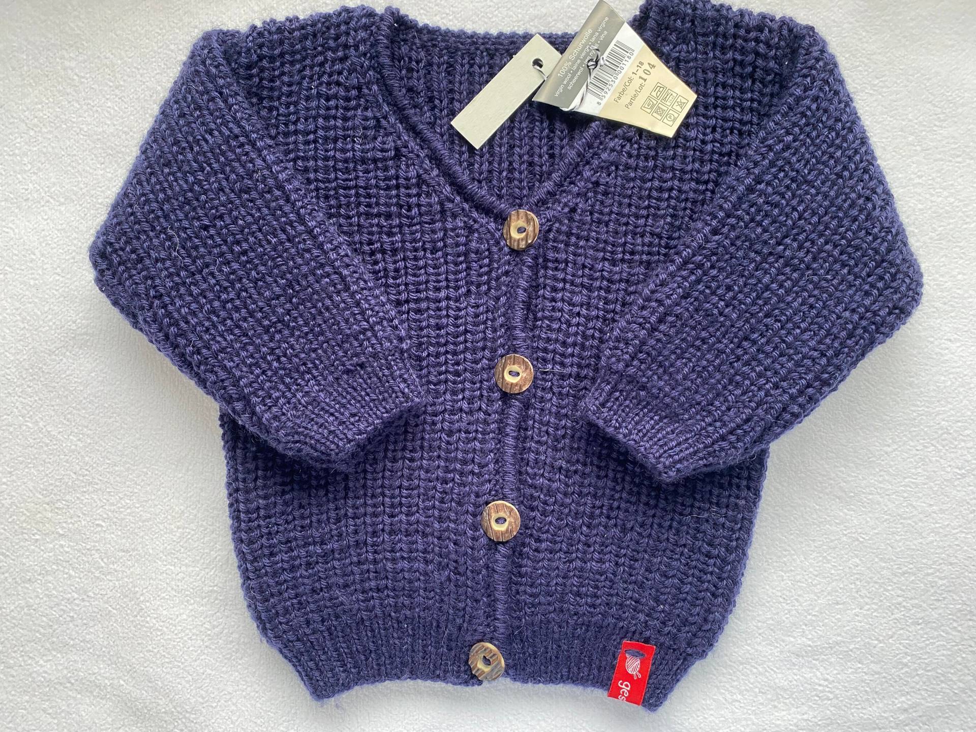 strickcardigan Gr. 74/80 in Dunkelblau Aus Reiner Schurwolle Im Halbpatentmuster Handgestrickt von Gestricktes