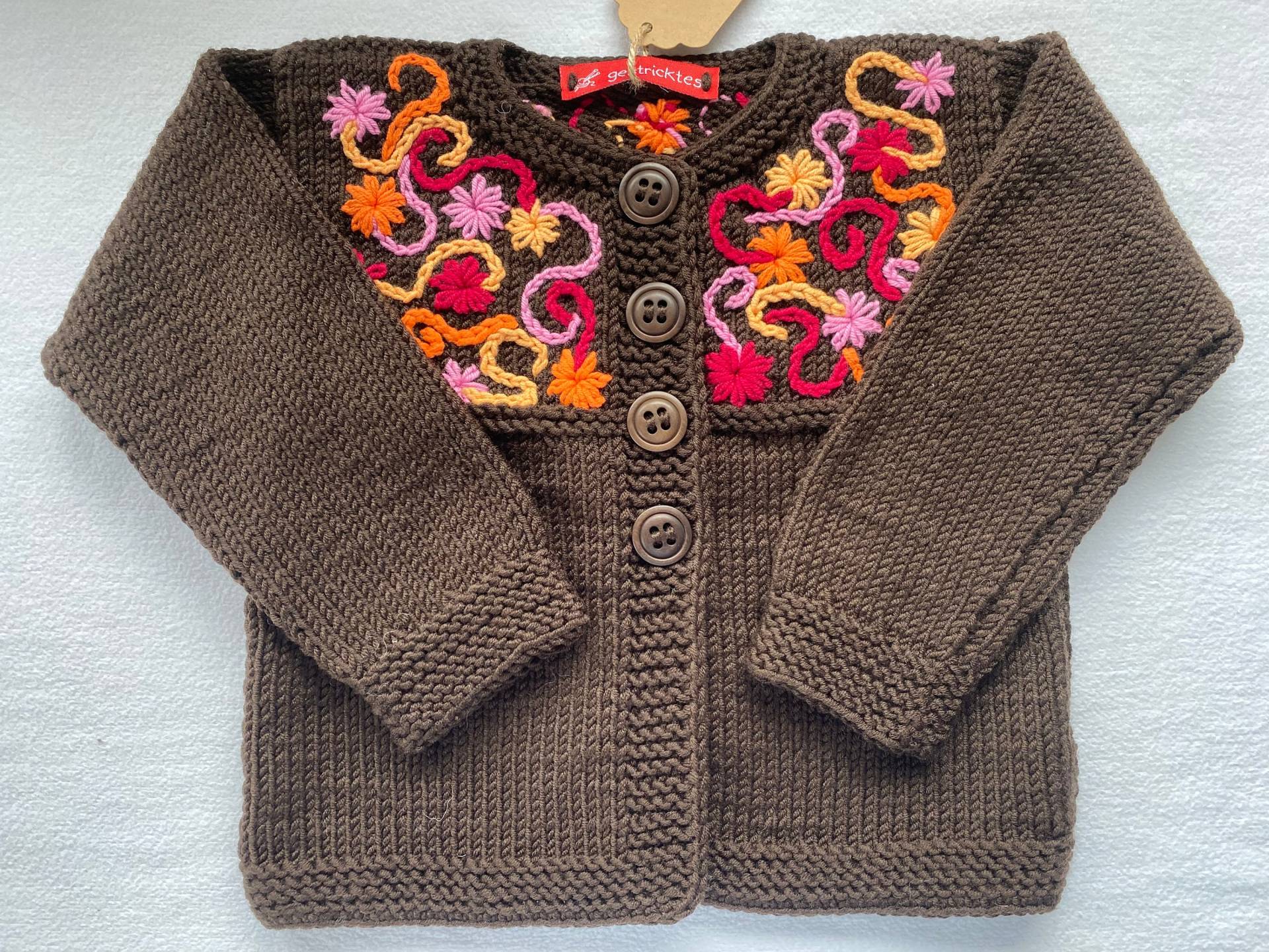 strickjacke Bestickt Gr. 80/86 in Braun Aus Reiner Merinowolle Handgestrickt Und von Gestricktes
