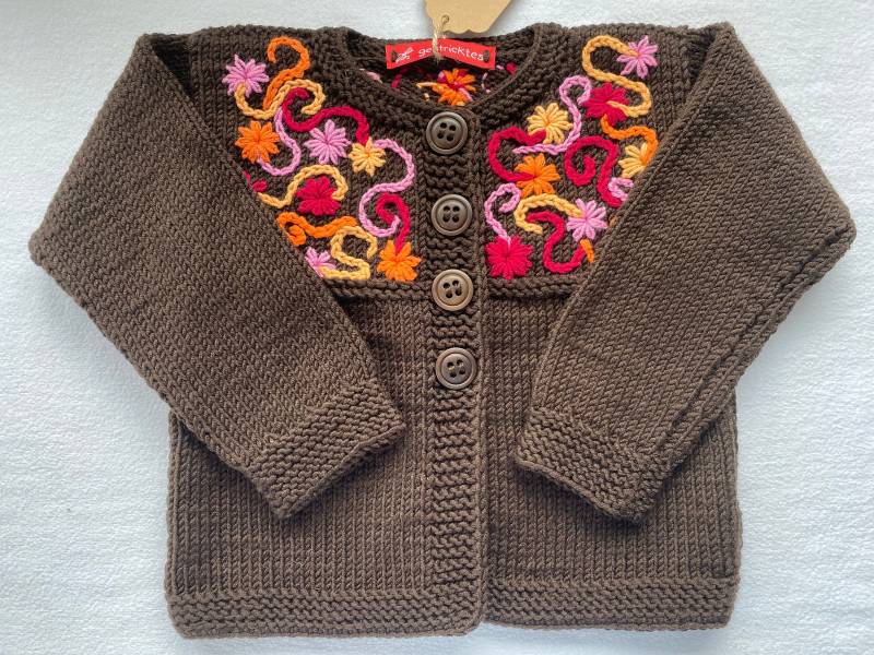strickjacke Bestickt Gr. 80/86 in Braun Aus Reiner Merinowolle Handgestrickt Und von Gestricktes