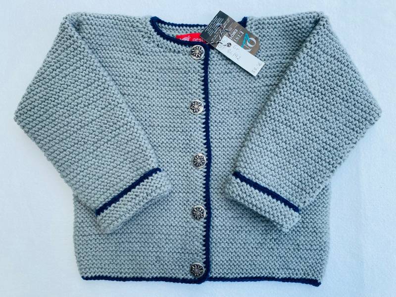 strickjacke Gr.86/92 in Grau Mit Blauem Rand Aus Einem Hochwertigen Wollgemisch Kraus Rechts Handgestrickt von Gestricktes