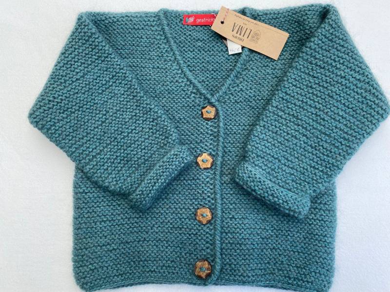 strickjacke Mit V-Ausschnitt Gr. 98/104 in Petrol Aus Wolle Seide Handgestrickt von Gestricktes