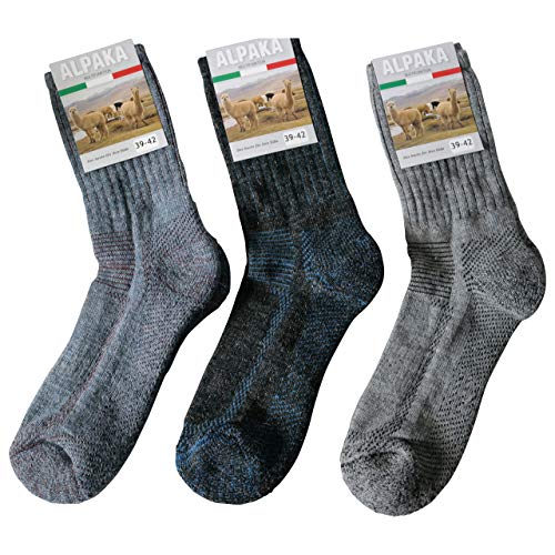 Gesundheitsstrumpf 3 Paar Alpaka Wolle & Wolle Funktionssocken Wandersocken Outdoor Trekkingsocken Socken Frotteesohle, Grau Blau Mehrfarbig, 35-38 von Strumpfversand pfaff