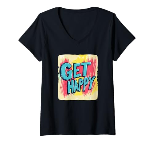 Damen Feiern Sie Positivität mit diesem lebendigen Get Happy Speech T-Shirt mit V-Ausschnitt Damen Feiern Sie Positivität mit diesem lebendigen Get Happy Speech T-Shirt mit V-Ausschnitt von Get Happy Saying