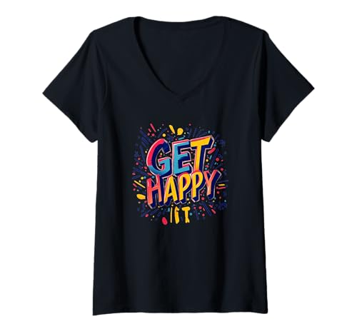 Damen Lassen Sie sich von diesem lebendigen Get Happy Statement inspirieren T-Shirt mit V-Ausschnitt Damen Lassen Sie sich von diesem lebendigen Get Happy Statement inspirieren T-Shirt mit V-Ausschnitt von Get Happy Saying