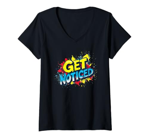 Damen Lebendiges "Get Noticed"-Emblem T-Shirt mit V-Ausschnitt von Get Noticed