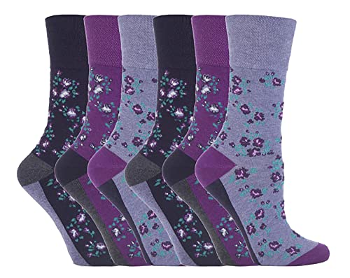 Damen Nicht elastisch, Weiche Halt, Diabetiker Socken, Verschiedene Designs/Farben, Damen UK Größe 37-41 - Lila Blumen, 6 Paar Packung von Get Top Marketing