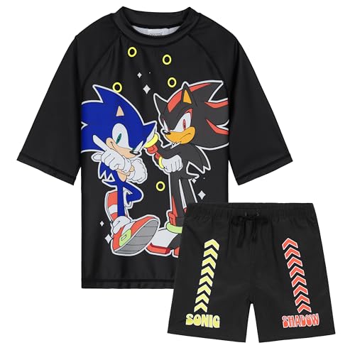 Get Trend Badeanzug Kinder Bademode 2 Teiliges Set mit Badehose Jungen und Schwimmshirt für Strand Urlaub Schwimmen (11-12 Jahre, Schwarz Sonic) von Get Trend