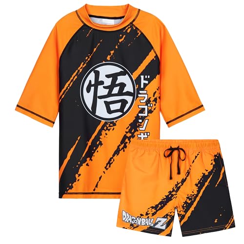 Get Trend Badeanzug Kinder Bademode 2 Teiliges Set mit Badehose Jungen und Schwimmshirt für Strand Urlaub Schwimmen (9-10 Jahre, Orange Dragon Ball Z) von Get Trend