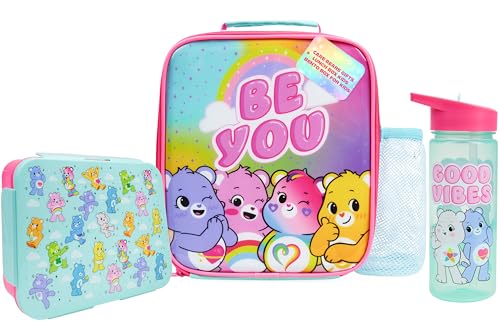 Get Trend Care Bears Lunchtasche Kinder Set 3 TLG. mit Trinkflasche, Lunchbox mit Fächern, Isolierte Snack Tasche, für Schule, Kita, Vorschule (Multi Care Bears) von Get Trend