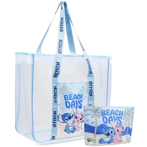 Get Trend Disney Stitch Große Strandtasche Damen Handtasche Mesh Tote Bag mit Kleiner Tasche Shopper Umhängetasche Strand Schwimmbad (Blau Stitch Angel) von Get Trend