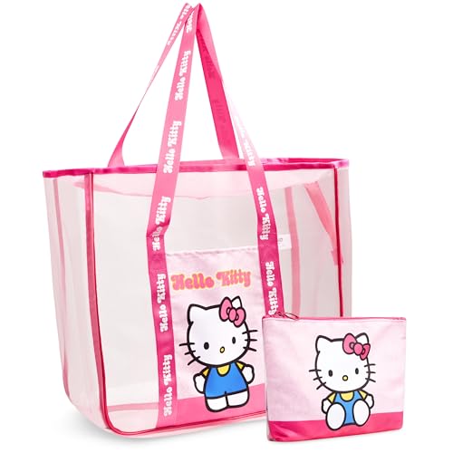 Get Trend Hello Kitty Große Strandtasche Damen Handtasche Mesh Tote Bag mit Kleiner Tasche Shopper Umhängetasche Strand Schwimmbad (Rosa Hello Kitty) von Get Trend