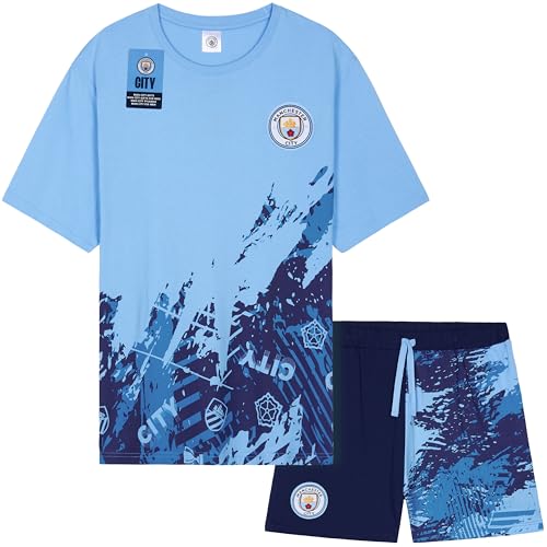 Get Trend Manchester City F.C. Schlafanzug Herren Kurz Baumwolle Sommer Pyjama Männer Fussball Geschenke für Männer (S, Blau Manchester City) von Get Trend