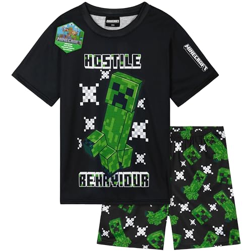 Get Trend Minecraft Schlafanzug Kinder Jungen Kurz Sommer Pyjama Set Atmungsaktiv Creeper Teenager Gamer Geschenke für Jungs (9-10 Jahre, Schwarz Minecraft 1er-Pack) von Get Trend
