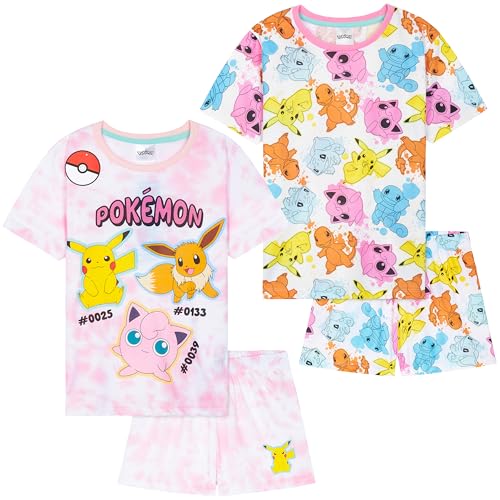 Get Trend Pokemon Schlafanzug Mädchen Kurz Kinder Sommer Pyjama Tie Dye 2er Pack Weich Nachthemd Set für Kinder Teenager (11-12 Jahre, Multi Pokemon, 2) von Get Trend