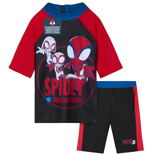 Get Trend Spidey Badeanzug Kinder Kostüm 2 Teiliges Badehose Jungen Set mit Badeshorts und Schwimmshirt Strand Urlaub Schwimmen (4-5 Jahre, Rot/Schwarz Spidey) von Get Trend