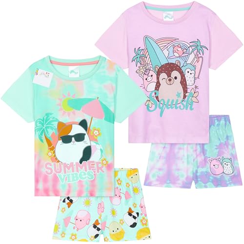Get Trend Squishmallows Schlafanzug Mädchen Kurz Kinder Sommer Pyjama Tie Dye 2er Pack Weich Nachthemd Set für Kinder Teenager (5-6 Jahre, Multi Squishmallows, 2) von Get Trend