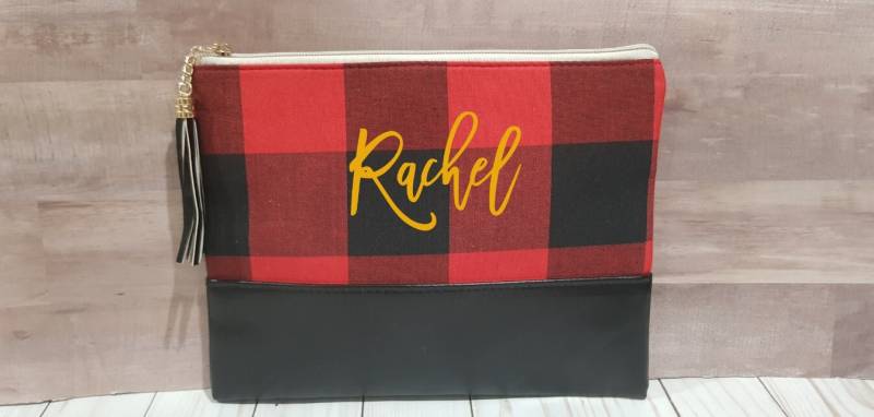 Personalisierte Karo Schwarz Büffelleder Und Leinwand Make-Up Tasche Für Brautjungferngeschenke, Roten Schwarzen Kosmetiktasche Weihnachtsgeschenke von GetFamilyJoy