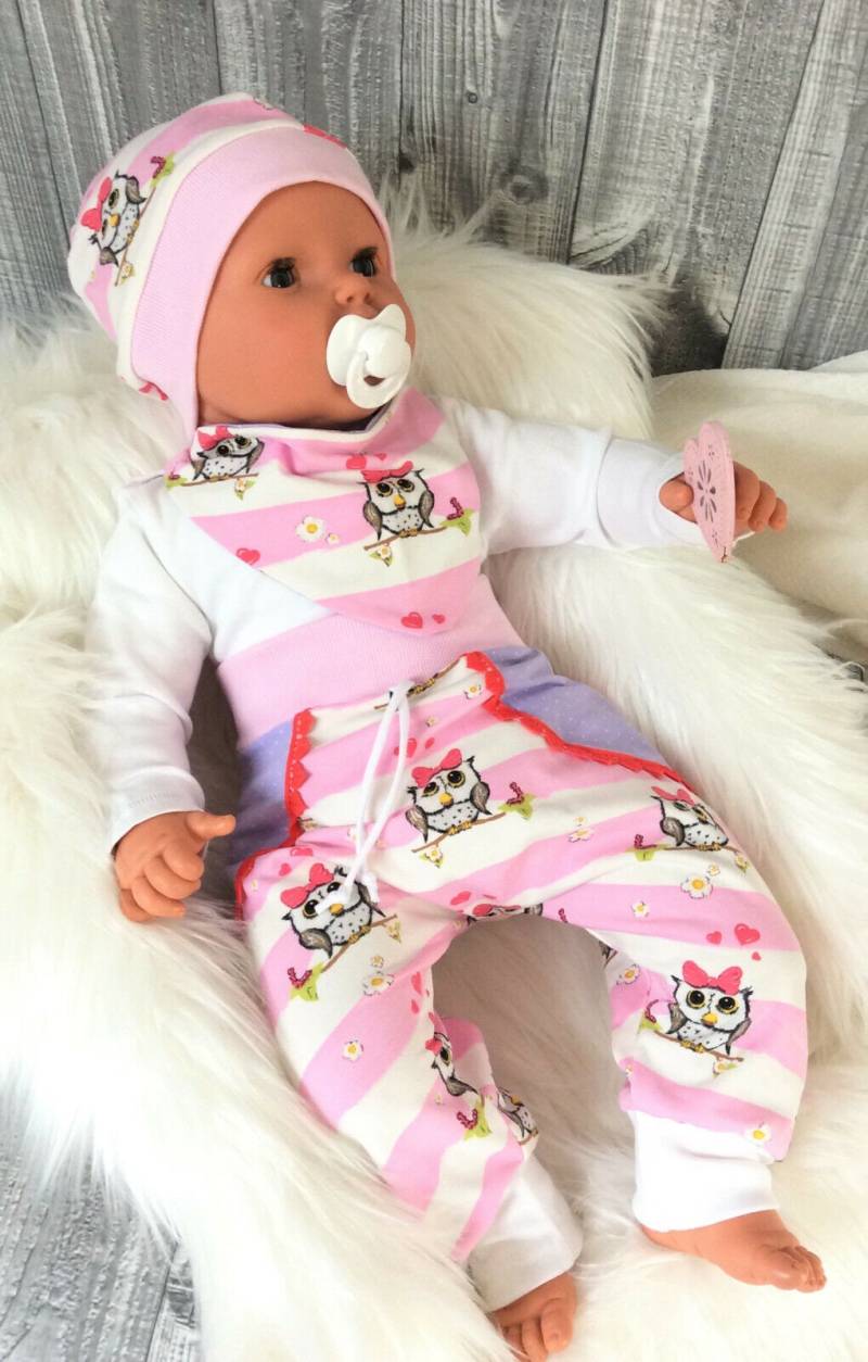Babykleidung Mädchen Baby Set Gr. 62-68 Hose Pumphose Mütze Beanie Halstuch Rosa Lila Eulen von GetForTen