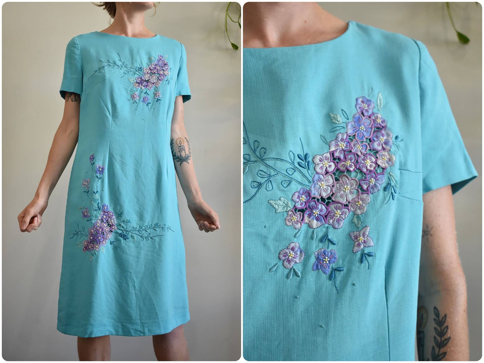 60S Blue Borkentuch & Cutwork Lace Floral Pansy Motiv Kurzarm Etuikleid // Mod Romantisch Prim Frühling Sommer Tag Kleid Medium von GetShreddedVintage