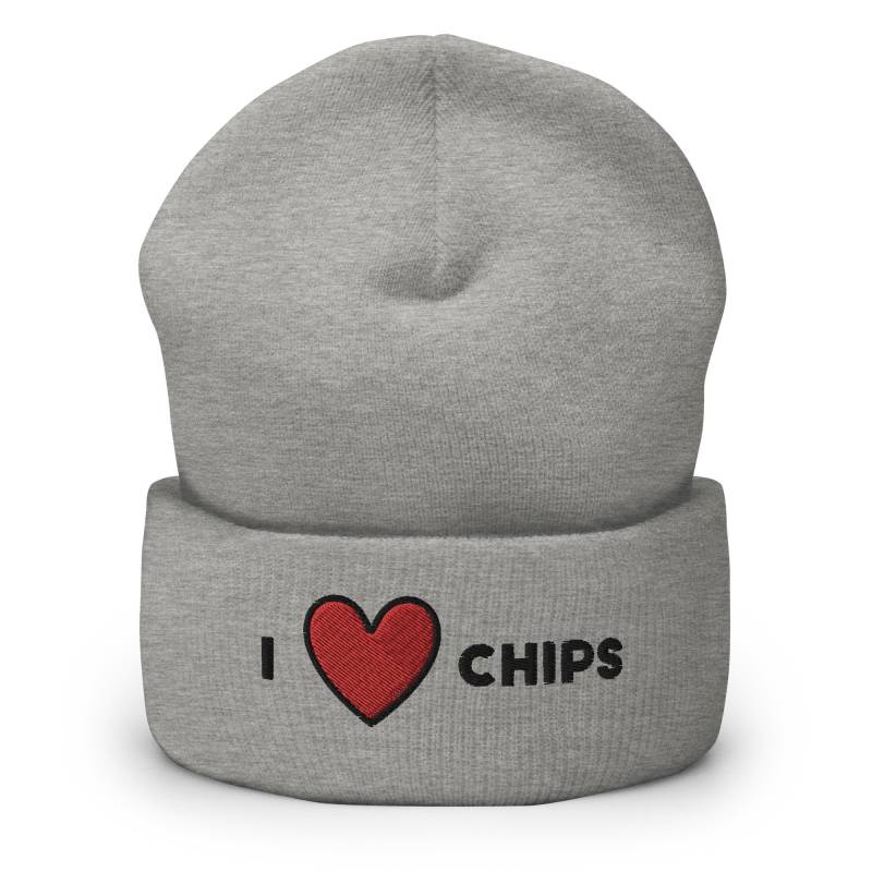 I Heart Chips Bestickte Mütze, Handmade Cuffed Knit Unisex Slouchy Erwachsene Winter Mütze Geschenk von GetStitch