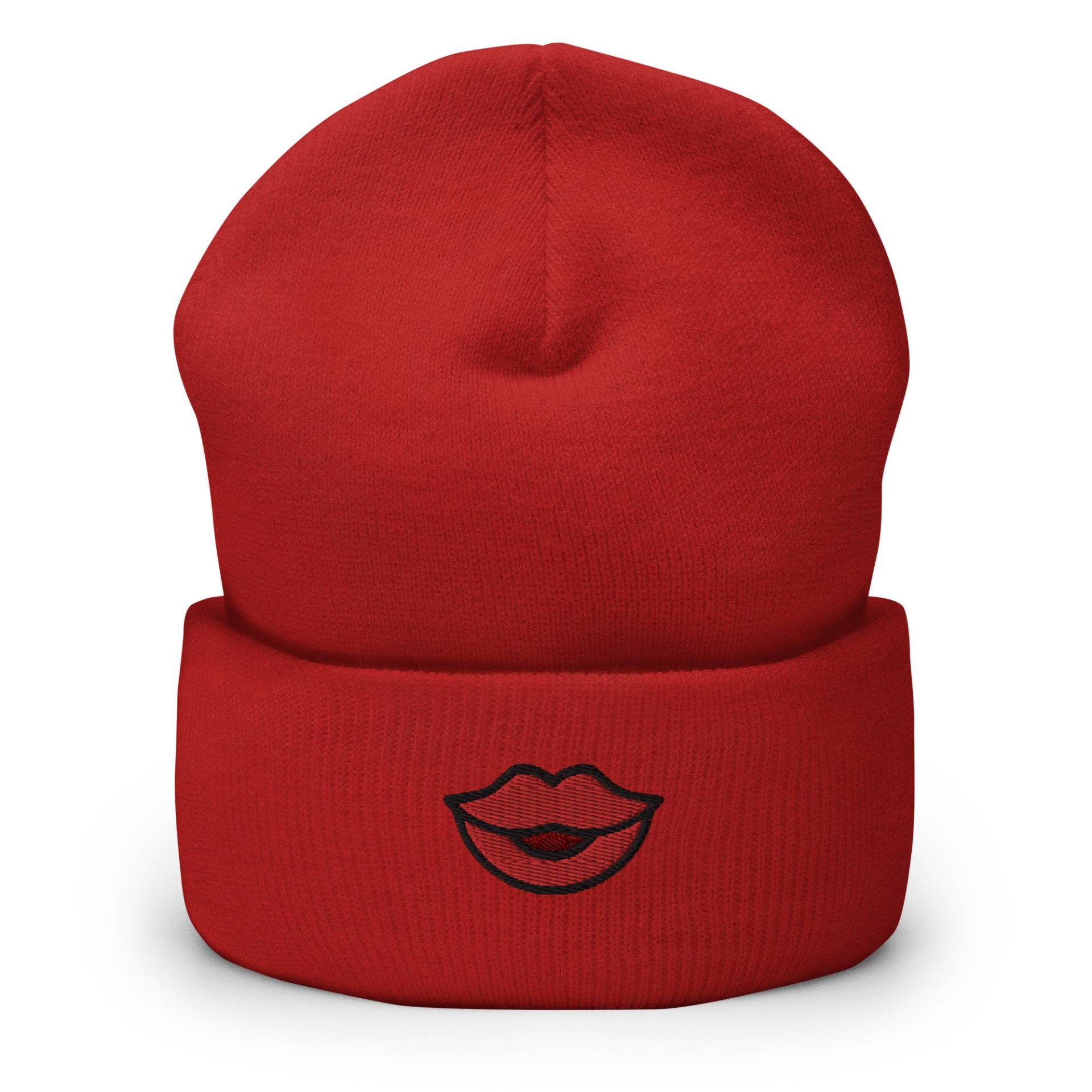 Rote Lippen Bestickt Beanie, Handgemachte Manschetten Strick Unisex Slouchy Erwachsene Winter Hut Mütze Geschenk von GetStitch