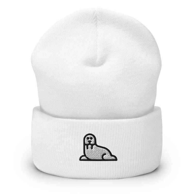 Weiße Walross Bestickte Mütze, Handgefertigte Manschette Stricken Unisex Slouchy Erwachsene Winter Mütze Geschenk von GetStitch