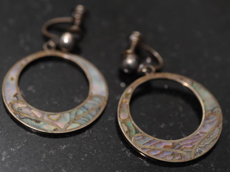 Jahrgang Sterlingsilber Und Ablone Inlay Creolen Von Vargas von GetStones