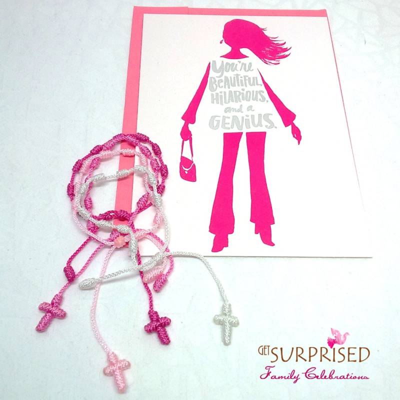 Geburtstagsset Für Freundin. Rosa Töne Freundschaftsarmbänder + Handgestempelte Leinentasche Inspirationskarte. Brustkrebs Überlebender. Teenager von GetSurprised