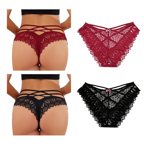 Getervb 2er Pack String Tanga Damen Sexy Dessous Set Thongs Seamless Unterhosen Spitze Slips Hipster Unterwäsche Frauen Lingerie Bikini Pantys Mehrpack von Getervb