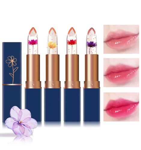 Getervb 4 Stück Flower Jelly Lippenstift Set Magic Temperature Farbwechsel Blumengelee Lippenstift Langanhaltend Lip Gloss Lippenbalsam Glossy Kosmetik (4PCS Set A, one size) von Getervb