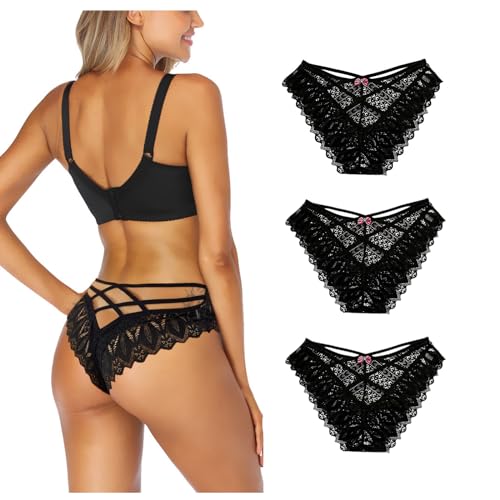 Getervb 3Er Pack String Tanga Damen Sexy Dessous Niedrige Taille Unterhosen Damen Tanga Spitze Slips Verführerisches Unterwäsche Frauen Bikini Panty von Getervb