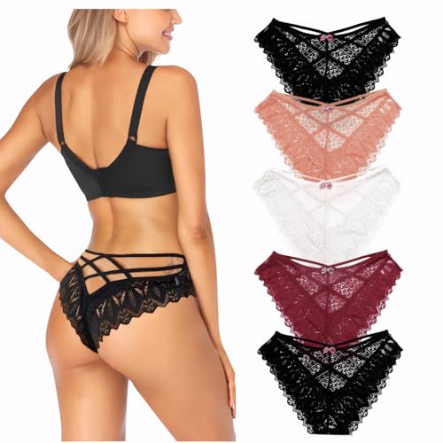 Getervb 5Er Pack String Tanga Damen Sexy Dessous Niedrige Taille Unterhosen Damen Tanga Spitze Slips Verführerisches Unterwäsche Frauen Bikini Panty von Getervb