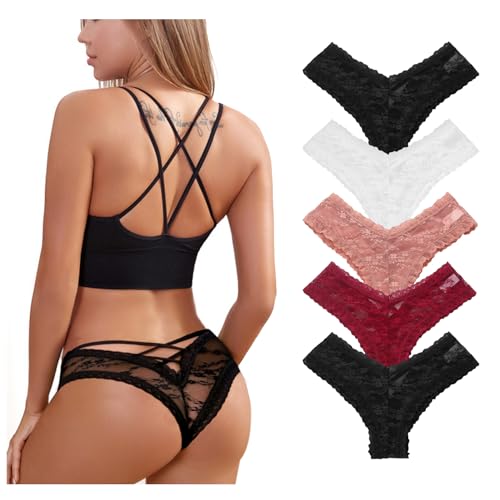 Getervb 5Er Pack String Tanga Damen Sexy Dessous Niedrige Taille Unterhosen Damen Tanga Spitze Slips Verführerisches Unterwäsche Frauen Bikini Panty von Getervb