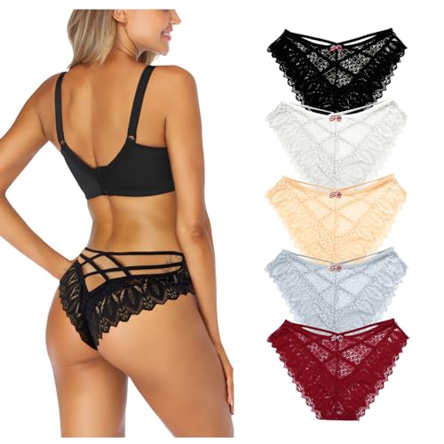 Getervb 5Er Pack String Tanga Damen Sexy Dessous Niedrige Taille Unterhosen Damen Tanga Spitze Slips Verführerisches Unterwäsche Frauen Bikini Panty von Getervb