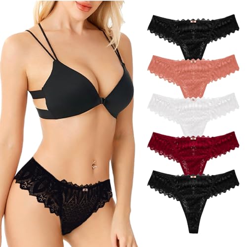 Getervb 5er Pack String Tanga Damen Sexy Dessous Set Thongs Seamless Unterhosen Spitze Slips Hipster Unterwäsche Frauen Lingerie Bikini Pantys Mehrpack von Getervb