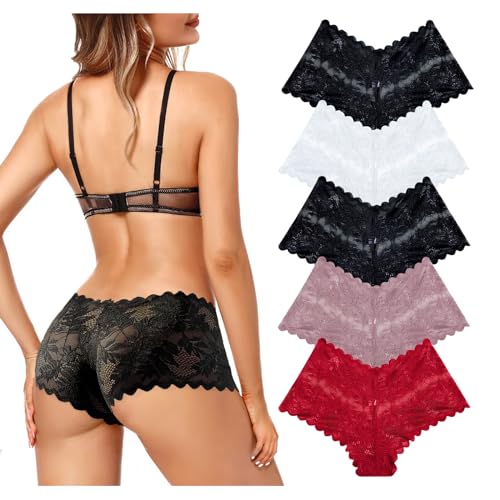 Getervb 5er Pack Unterhosen Damen Spitze Sexy Atmungsaktiv Höschen Hipster Dessous Niedrige Taille Slips Nahtlose Unterwäsche Frauen Pantys von Getervb