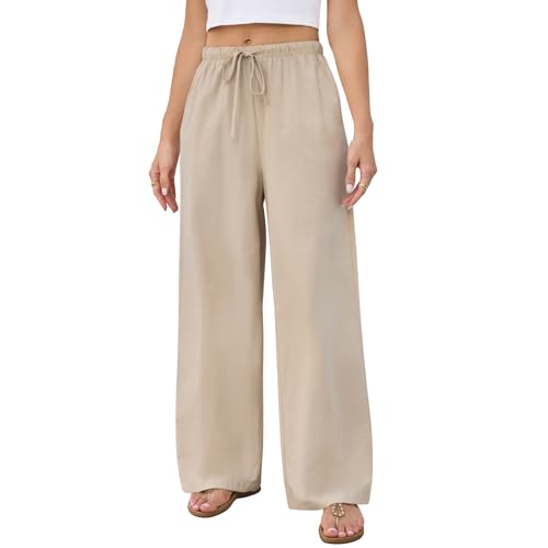 Getervb Hosen Leinen Damen Sommer Leicht Casual Leinenhose Damen Lang Locker Palazzo Hose Elegant High Waist Stoffhose Weites Bein Mit Taschen von Getervb